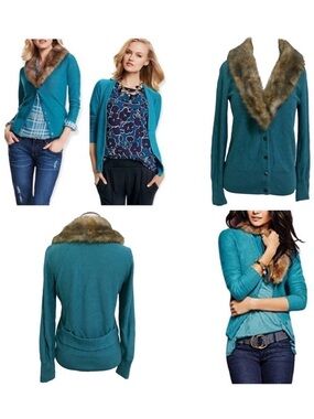 CAbi Tearoom Cardigan Sweater with detachable faux fur collar